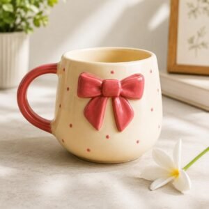 Handmade Ceramic Bow Mug for Women, Cute Pink Polka Dot Coffee Cup, Aesthetic Tea Mug, Kawaii Milk Cup, Unique Gift for Girls, Office & Home Use Brand: Generic